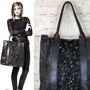 ALL SAINTS Spitalfields Bolshevik Dark Brown Leather and Sequin Tote Bag.